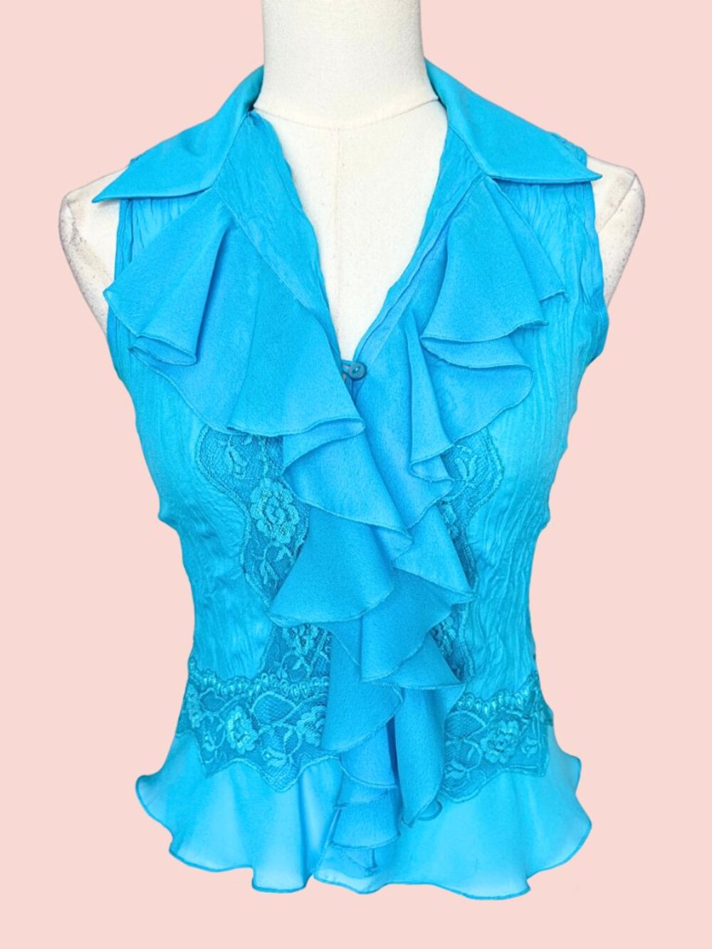 Vintage Aqua Lace Ruffle Button Front Blouse